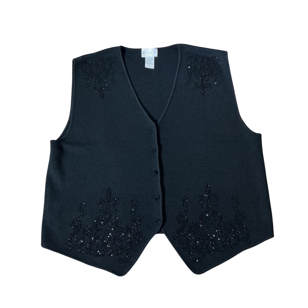 Koret Vintage Beaded Embroidered Knit Vest Women L Black Wool Blend Academia